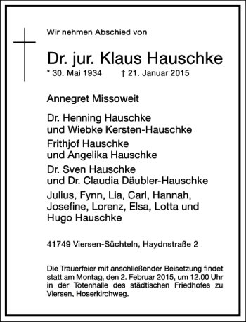 Traueranzeige von Dr. jur. Klaus Hauschke von Frankfurter Allgemeine Zeitung