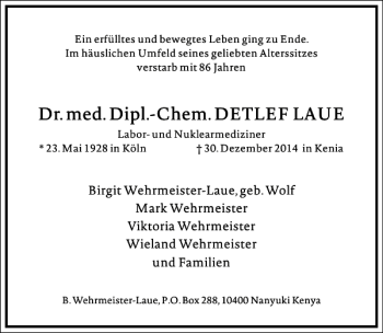 Traueranzeige von Dr. med. Dipl.-Chem. DETLEF LAUE von Frankfurter Allgemeine Zeitung