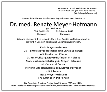 Traueranzeige von Dr. med. Renate Meyer-Hofmann von Frankfurter Allgemeine Zeitung