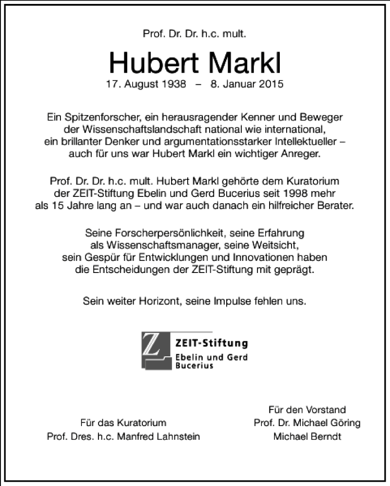  Traueranzeige für Hubert Markl vom 15.01.2015 aus Frankfurter Allgemeine Zeitung