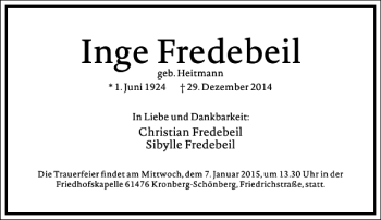 Traueranzeige von Inge Fredebeil von Frankfurter Allgemeine Zeitung