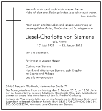 Traueranzeige von Liesel-Charlotte von Siemens von Frankfurter Allgemeine Zeitung