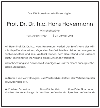 Traueranzeige von Prof. Dr. Dr. h.c. Hans Havermann  von Frankfurter Allgemeine Zeitung