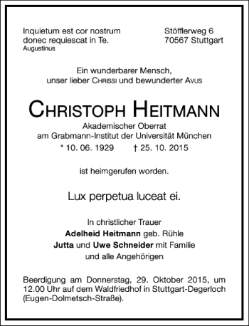 Traueranzeige von Christoph Heitmann von Frankfurter Allgemeine Zeitung