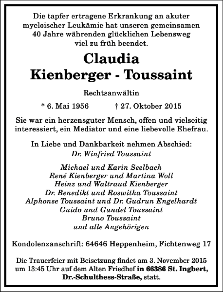  Traueranzeige für Claudia Kienberger-Toussaint vom 31.10.2015 aus Frankfurter Allgemeine Zeitung