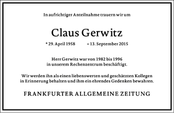 Traueranzeige von Claus Gerwitz von Frankfurter Allgemeine Zeitung