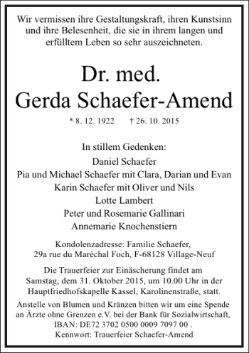 Traueranzeige von Gerda Schaefer-Amend von Frankfurter Allgemeine Zeitung