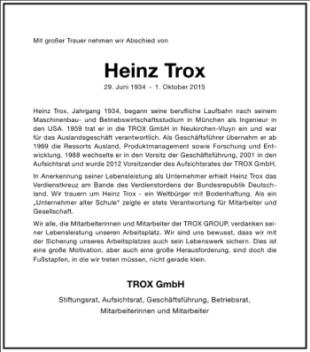 Traueranzeige von Heinz Trox von Frankfurter Allgemeine Zeitung