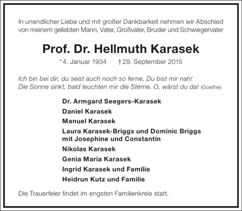  Traueranzeige für Hellmuth Karasek vom 02.10.2015 aus Frankfurter Allgemeine Zeitung