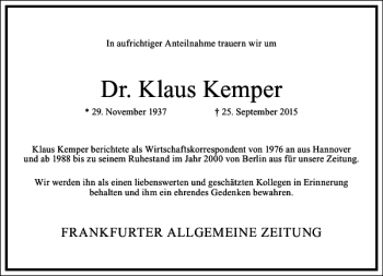 Traueranzeige von Klaus Kemper von Frankfurter Allgemeine Zeitung