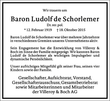 Traueranzeige von Ludolf de Schorlemer von Frankfurter Allgemeine Zeitung