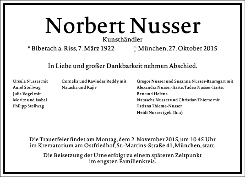  Traueranzeige für Norbert Nusser vom 31.10.2015 aus Frankfurter Allgemeine Zeitung