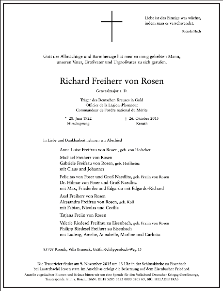  Traueranzeige für Richard Freiherr von Rosen vom 31.10.2015 aus Frankfurter Allgemeine Zeitung