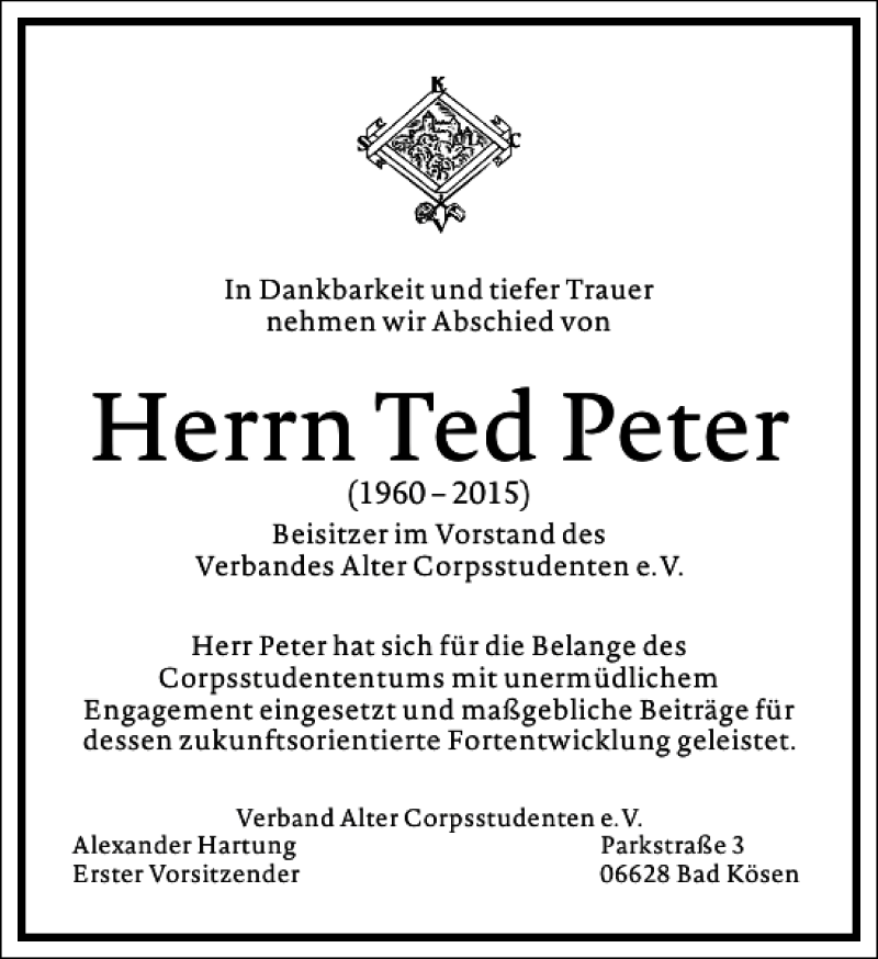  Traueranzeige für Ted Peter vom 17.10.2015 aus Frankfurter Allgemeine Zeitung