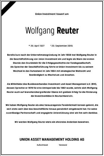 Traueranzeige von Wolfgang Reuter von Frankfurter Allgemeine Zeitung