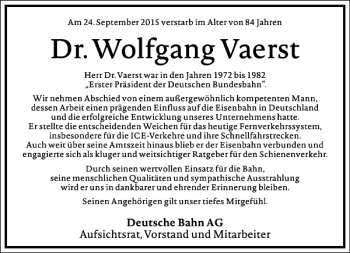 Traueranzeige von Wolfgang Vaerst von Frankfurter Allgemeine Zeitung