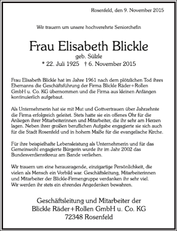Traueranzeige von Elisabeth Blickle von Frankfurter Allgemeine Zeitung