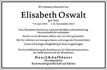 Traueranzeige von Elisabeth Oswalt von Frankfurter Allgemeine Zeitung