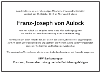 Traueranzeige von Franz-Joseph von Aulock von Frankfurter Allgemeine Zeitung