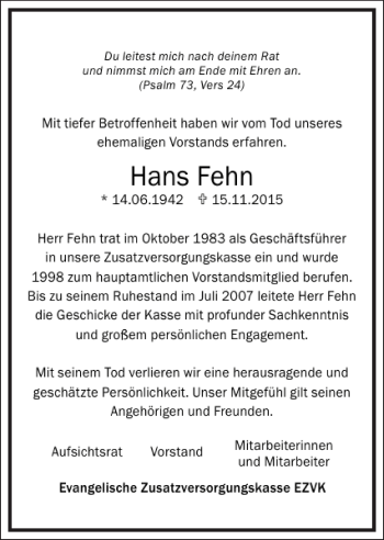 Traueranzeige von Hans Fehn von Frankfurter Allgemeine Zeitung