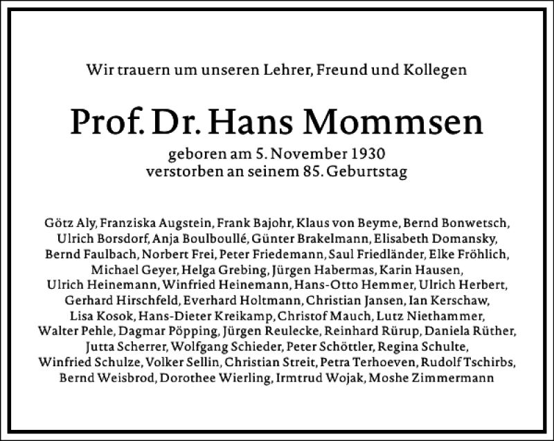  Traueranzeige für Hans Mommsen vom 14.11.2015 aus Frankfurter Allgemeine Zeitung