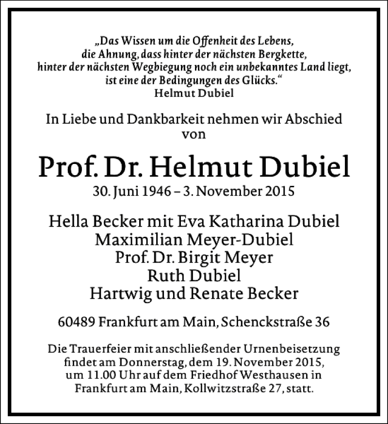  Traueranzeige für Helmut Dubiel vom 14.11.2015 aus Frankfurter Allgemeine Zeitung