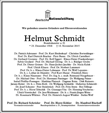 Traueranzeige von Helmut Schmidt von Frankfurter Allgemeine Zeitung