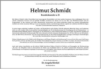 Traueranzeige von Helmut Schmidt von Frankfurter Allgemeine Zeitung