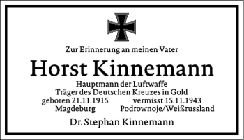 Traueranzeige von Horst Kinnemann von Frankfurter Allgemeine Zeitung