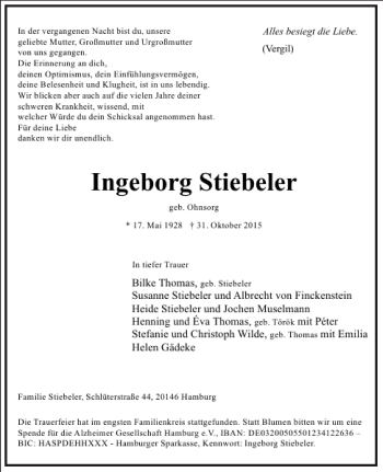 Traueranzeige von Ingeborg Stiebeler von Frankfurter Allgemeine Zeitung