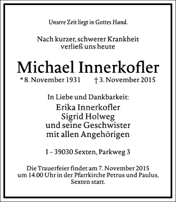 Traueranzeige von Michael Innerkofler von Frankfurter Allgemeine Zeitung