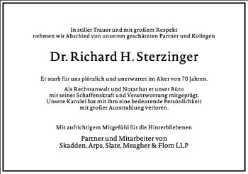 Traueranzeige von Richard H. Sterzinger von Frankfurter Allgemeine Zeitung