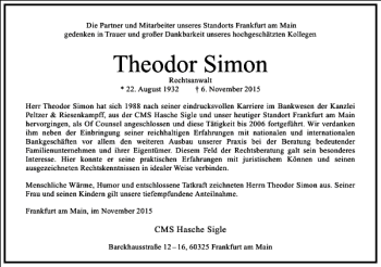 Traueranzeige von Theodor Simon von Frankfurter Allgemeine Zeitung