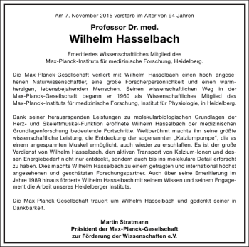 Traueranzeige von Wilhelm Hasselbach von Frankfurter Allgemeine Zeitung