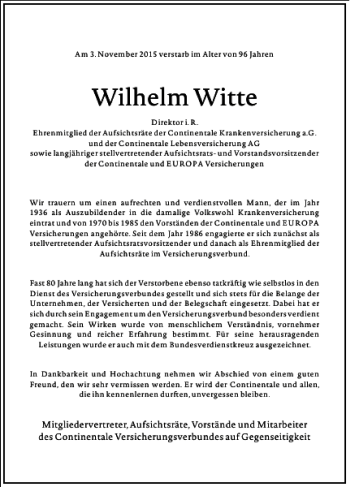 Traueranzeige von Wilhelm Witte von Frankfurter Allgemeine Zeitung