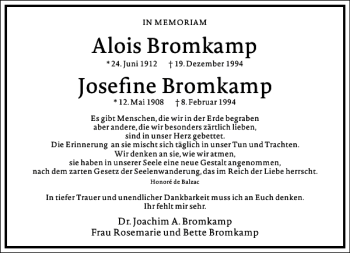 Traueranzeige von Alois u. Josefine Bromkamp von Frankfurter Allgemeine Zeitung