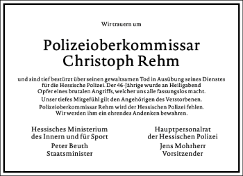 Traueranzeige von Christoph Rehm von Frankfurter Allgemeine Zeitung