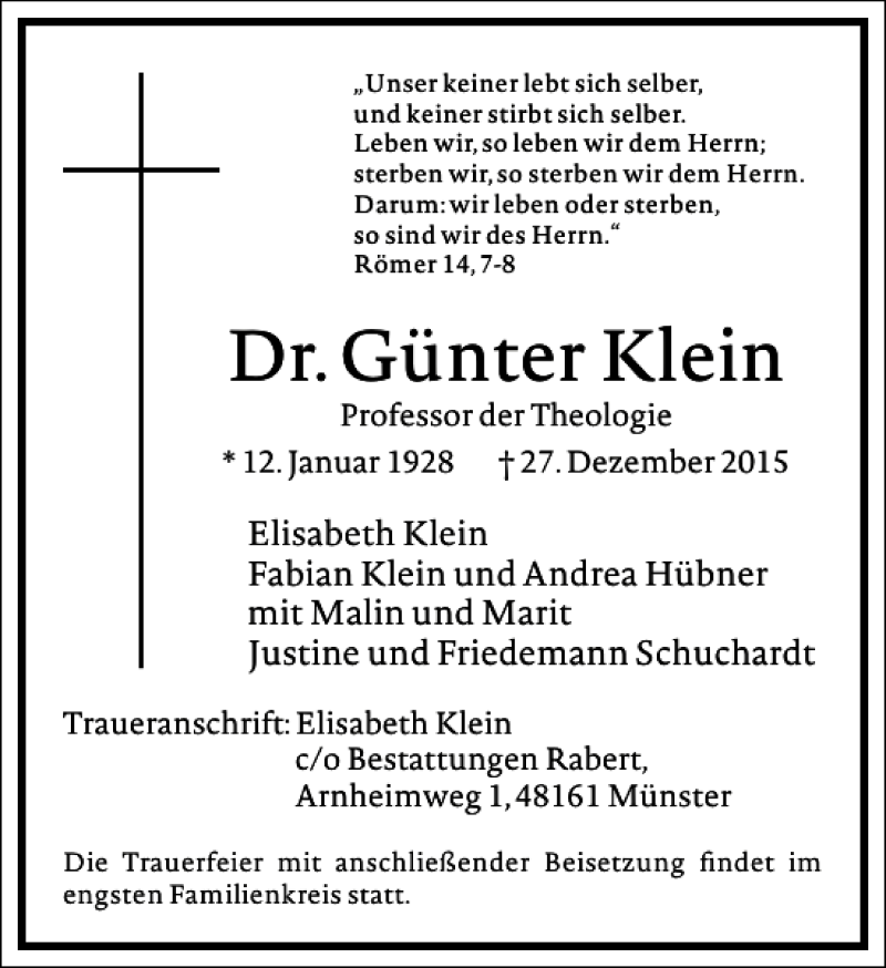  Traueranzeige für Günter Klein vom 31.12.2015 aus Frankfurter Allgemeine Zeitung