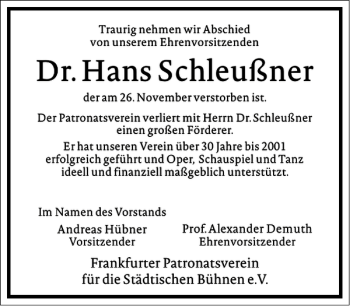 Traueranzeige von Hans Schleußner von Frankfurter Allgemeine Zeitung