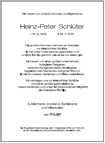 Traueranzeige von Heinz-Peter Schlüter von Frankfurter Allgemeine Zeitung