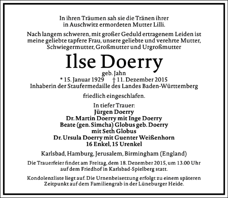  Traueranzeige für Ilse Doerry vom 15.12.2015 aus Frankfurter Allgemeine Zeitung