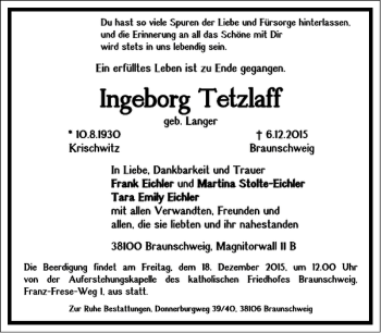 Traueranzeige von Ingeborg Tetzlaff von Frankfurter Allgemeine Zeitung