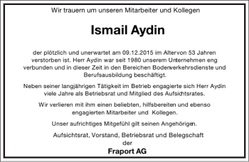 Traueranzeige von Ismail Aydin von Frankfurter Allgemeine Zeitung