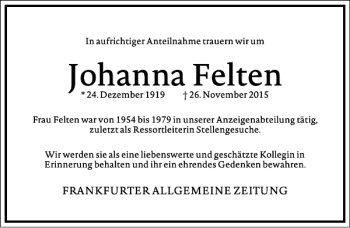 Traueranzeige von Johanna Felten von Frankfurter Allgemeine Zeitung