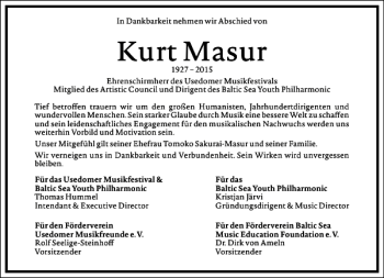 Traueranzeige von Kurt Masur von Frankfurter Allgemeine Zeitung