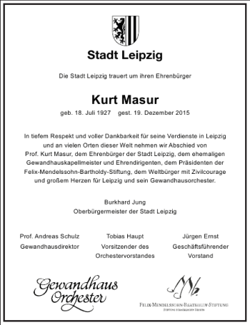 Traueranzeige von Kurt Masur von Frankfurter Allgemeine Zeitung