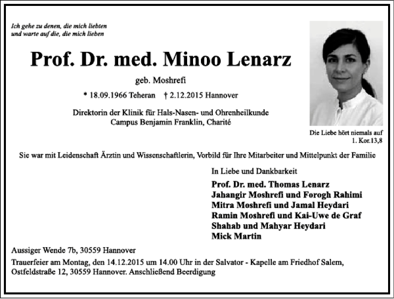  Traueranzeige für Minoo Lenarz vom 12.12.2015 aus Frankfurter Allgemeine Zeitung