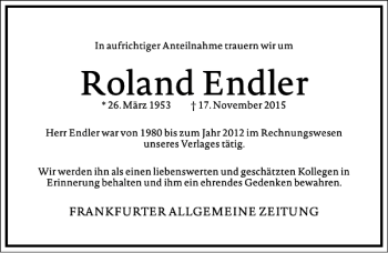 Traueranzeige von Roland Endler von Frankfurter Allgemeine Zeitung