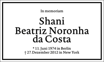 Traueranzeige von Shani Beatritz Noronha daCosta von Frankfurter Allgemeine Zeitung