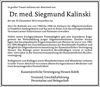 Traueranzeige von Siegmund Kalinski von Frankfurter Allgemeine Zeitung